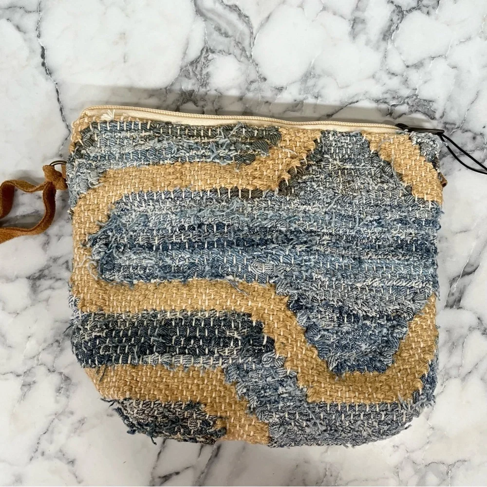 Made in India woven rag rug convertible crossbody bag clutch leather accents